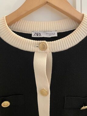 ZARA Black Cardigan with Cream Trim and Gold Buttons US medium, Euro medium.